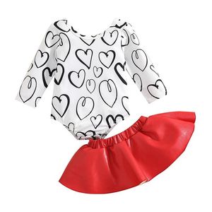 Kinder Kleidung Sets Mädchen Valentinstag Outfits Kleinkind Kleinkind Liebe Herz Print Strampler Tops + PU Leder Röcke 2 teile/satz Sommer Frühling Herbst Baby Kleidung