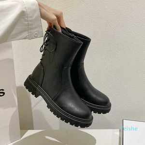 fashion-Women's Mid-calf Back Zipper Casual Boots Winter Round Head Pu Leather Lace-up Chunky Heel