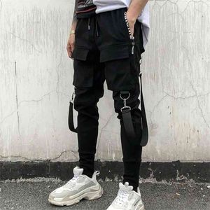 Hiphop Streetwear Jogger Pant Men Black Multi-Pocket Ribbons Byxor Bomull Casual Street Style Sweatpants 210715