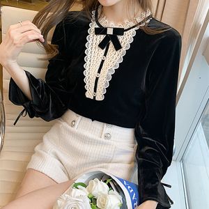 Elegant Lace Flower Patchwork Beaded Bow Blus Kvinnor Söt O Neck Svart Velvetskjorta Blusa Långärmad Toppar Pullover 210416