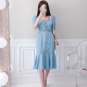 Kadınlar Vintage Kare Boyun Puf Kollu Denim Midi Elbise Kadın Tek Göğüslü Bölünmüş Vestido Chic Casual Slim Elbiseler 210514