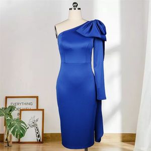 Midi Dresses for Women Party Blue One Shoulder Bodycon Sexy Bow Club Födelsedag Kändis Kväll Datum Out Robes Plus Size 210527