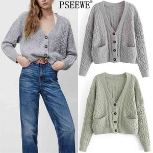 Grey Knitted Cropped Cardigan Women Long Sleeve Preppy Cable Knit V Neck Sweater Woman Green Button-Down 210519