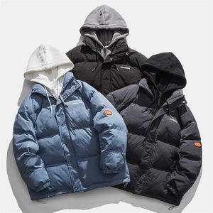 Men's Fake Two-Piece Hooded Parka Winter Loose Mailed Thicked Clothes Hong Kong Style Trendy Coat Streetwear Puffer Jacket 220124