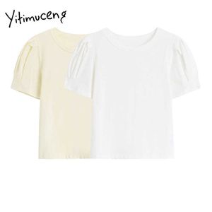 Yitimuceng T 셔츠 여성 스트레이트 퍼프 슬리브 O 넥 티즈 유니 컬러 화이트 살구 탑 여름 한국 패션 Tshirts 210601