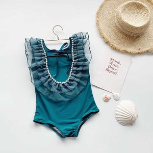 Verão crianças meninas swimwear 1-pcs verde sem mangas pérolas de pérolas maiô crianças estilo bonito estilo primavera roupas e3823 210610