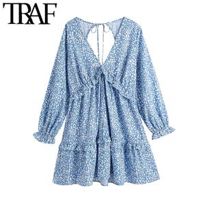 Traf Women Chic Fashion Animal Print Ruffle Mini sukienka Vintage Backless Bow Boweld Side Sipip Sukienki Vestidos 210415