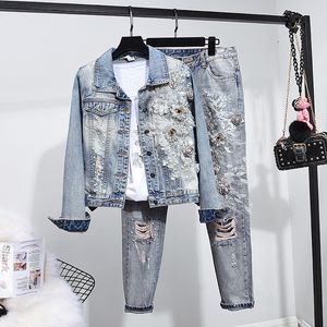 New Autumn Winter tracksuits Jacket Jeans Set Female Beading Embroidery Flower Jean Jackets Coat Long Pants Women Two Piece Outfits Plus size Loose Denim Sets