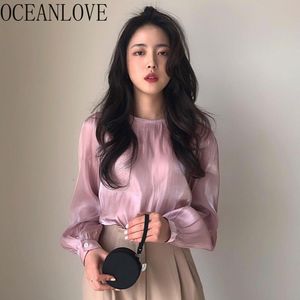 Ol arbete mode glänsande kvinnor tröjor långärmad trasparent sexig blusar koreanska vintage solid blusas mujer 15852 210415