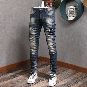 Mode streetwear män jeans högkvalitativa vintage retro blå rippad bomull denim byxor broderi patchwork hip hop byxor 438x