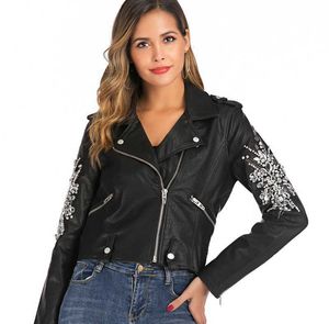 고품질 여성 PU 가죽 자켓 가을 패션 반짝이 크리스탈 구슬 코트 짧은 최고의 현대 레이디 블랙 outwear 210602