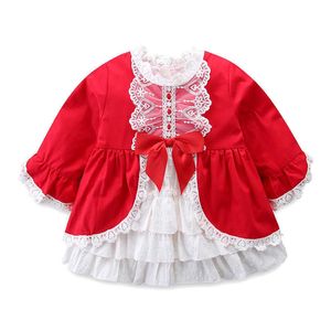 Dziewczęta Suknie Hiszpańskie Baby Lolita Princess Red Lace Suknie Balowe Niemowlę 1st Urodziny Chrzest Outfits Boutique Dress 210615