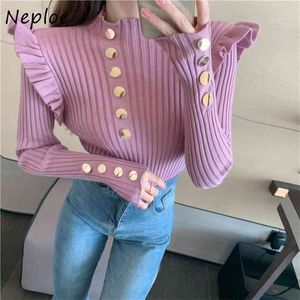 Half-High Collar Fungus Fungo Feminino Mulheres Suéters Outono Slim Fit All-Match Pullovers Botão Chic Color Tops 210422