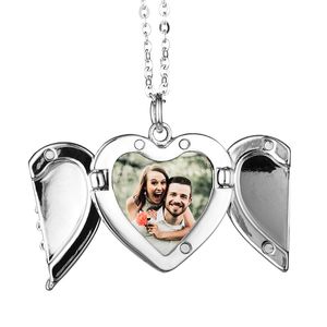 Sublimation Blank Necklace with Chain Decorations Blank Necklace Angle Wing Shape Pendant Tray Locket Photo Hot Transfer Printing Fashion Heart Shape Gold Silver