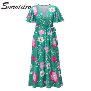 SURMIITRO V-Ausschnitt Langes Sommerkleid Frauen Mode Kurze Schmetterlingsärmel Blumendruck Tunika Strand Party Midi Sommerkleid Weiblich 210712