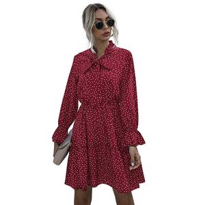 Polka Dots Print Elegant Bandage High Waist Flare Sleeve Bow Ruffle Folds Dress Women Casual Streetwear Beach Party Dresses 210608