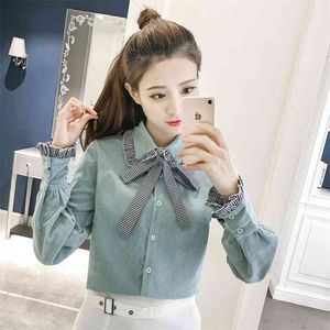 Herbst Winter Korea Mode Frauen Langarm-shirt Bogen Schnürung Süße Damen Tops alle-abgestimmt Casual Cord Blusen D186 210512