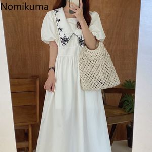 Nomikuma Elegant Summer Dress Slim Waist Flower Embroidery Turn Down Collar Short Sleeve Dresses Women Korean Style Vestidos 210514