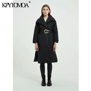 Mulheres moda grossa quente com cinto solto casaco acolchoado bolsos de manga longa feminina outerwear chique overcoat 210420