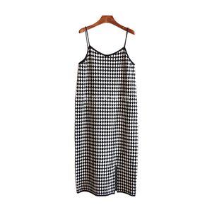 Pasek Długość kolana Kobiety Proste Przyczynowe Kobiece Szary Czarna Dress Plaid V Neck Dziana Split Bez Rękawów D1708 210514