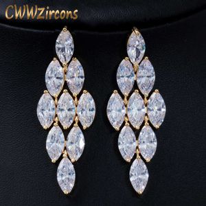 Impressionante Marquise Corte Cúbico Zircônia Pedra Dubai Cor De Ouro Longo Grande Dangle Festa De Casamento Brincos Para As Mulheres CZ570 210714