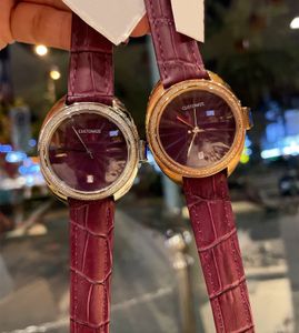 Women Lady Quartz Crystal Stainless Steel Geometric Number Calendar Diamond Watches Purple Leather Dial Female clock