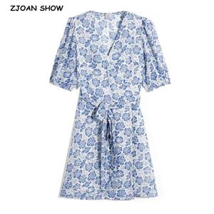 Vintage French Women V Neck Hit Color Flowerl Print Wrap Dress Summer Elastic Cuff Single-breasted Button Up One-pieces 210429