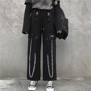 QWEEK Gothic Harajuku Cargo Pants Women Punk Chain Wide Leg Pants Korean Style Oversized Streetwear Trousers Female Techwear Emo 211006