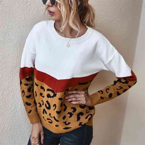 Camisola de pulôver de malha feminino vintage Leopard Imprimir Jumper Outono Inverno Tops Casual Acolhedor 210427