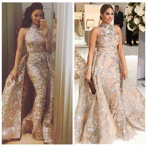 Bling Yousef Aljasmi Lace Evening Dresses Dubai Arabic Sequins Prom Overskirt Detachable Train Champagne Party Gowns