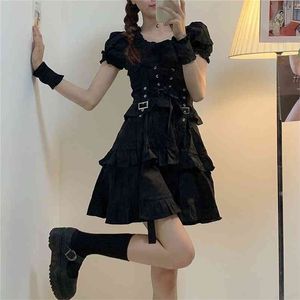 Women's Gothic Lolita Dress Punk Harajuku Mall Style Bandage Black Emo Clothes Spring 210623