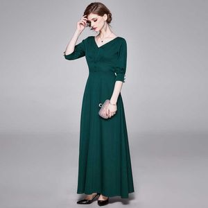 Kobiety Wiosna Letni Projektant Elegancki Ruched Button V Neck Party Robe Ladies Vintage Sexy Slim Dark Green Maxi Dress Vestidos 210525