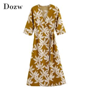 Boho Style Kwiatowy Drukuj Dress V Neck Wrap Lato Pół Rękaw Linia Plaża z Pas Casual Holiday Midi Robe 210515