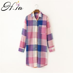 H.SA Autunno Blusas Donna Plaid Top Manica coreana Camicette di lino Allentato Casuale Camicia lunga Abbigliamento Cina 210417