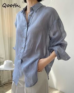 Qooth Single Breasted Linen Thin Solid Shirt Office Lady Fashion Loose Long Sleeve Blouse Summer Causal All Match Shirt QT731 210518