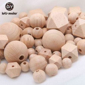 Låt oss göra 100 st Beech Hexagon trä TEETTER Pärlor Runda 12-30mm Baby Rattle Pärled Trä Baby Teether Träleksaker 211101