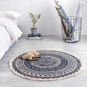 Teppiche 29 Runder Teppich Schlafzimmer Boho-Stil Quaste Baumwollteppich Handgewebter nationaler klassischer Wandteppich Sofakissen Tatami-Fußmatten