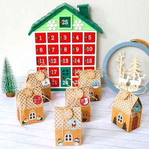 24sets Gingerbread House Gift Box Christmas Candy Box Treat Box with Advent Stickers and Gift Tag Favor bag set 210402