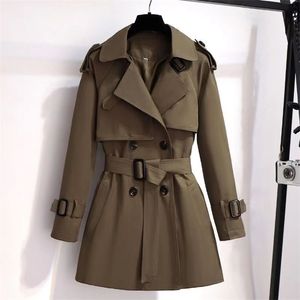 SURUFENG Autunno Inverno Elegante Donna Doppiopetto Solido Trench Coat Vintage Turn-Down Collar Allentato con Cintura 3XL 210914