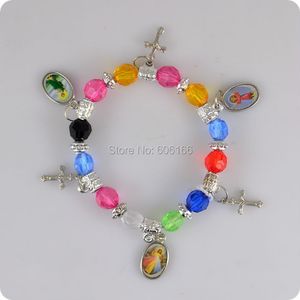 12x Multicolor Cross Charm Bracelet Elastic wristband Fashion Catholic Orthodox Religious Jewelry