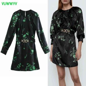 Fashion Black Jacquard Mini Dresses for Women Spring Green Print Short Dress Woman Long Draped Sleeve Vestidos Belt 210430