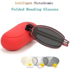 Mode Gefaltete Lesebrille Lupe Frauen Rote Brille Intelligente Pochromic Blau Licht Blockieren Senden Box H5 Sonnenbrille