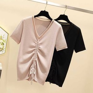 Oversized Summer Short Sleeve Koreansk stiltröja V-hals Strikkad Pullover Kvinnor Tröjor Grundläggande tunna toppar Pull Femme Jumper 210604