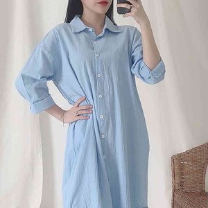 club maxi dresses Women Casual Summer Loose White Blue Long Dress Solid sleeve dress Shirt clothes 840H 210420