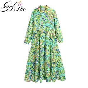 Vestido feminino de HSA Cetim confortável verão vintage casual impressão floral verde manga longa irregular solto tornozelo comprimento vestido 210716