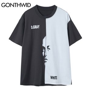 Harajuku t-tröjor Färgblock Patchwork Face Print Tshirts Streetwear Hip Hop Short Sleeve Casual Bomull Tops 210602