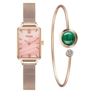 Ladies Watches Fashion Square Quartz Watch Bracelet Set Simple Green Dial Rose Gold Mesh