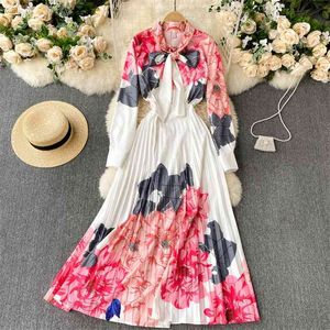 Elegant Women Long Sleeve Maxi Dress Spring Summer Bow-tied Collar Floral Print Gown Evening Dinner Pleated Dresses 210603