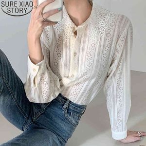 Элегантные рубашки поворачивают воротник в глухой верхней части корейских шик винтажные кружевные блузка женщины с длинным рукавом кнопка повседневная одежда 12722 210417