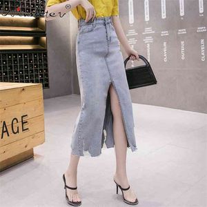 Summer Skirt Denim Jeans Big Slit Mid-calf Long Holes High Waist With Stretchy moda mujer falda B02912B 210421